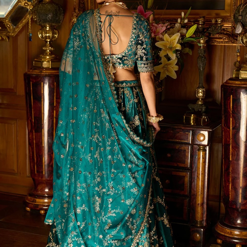 Teal Embroidered Lehenga Choli - Picture 4 of 15